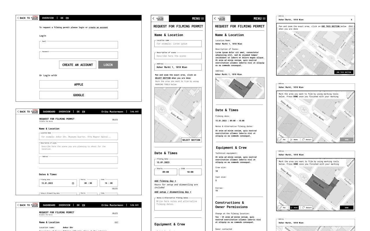 Wireframes for filming permit application and back-office dashboard